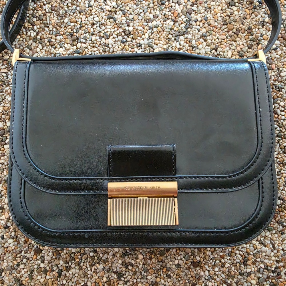Charles & Keith Black Crossbody Bag Gold Hardware Flap Shoulder Bag